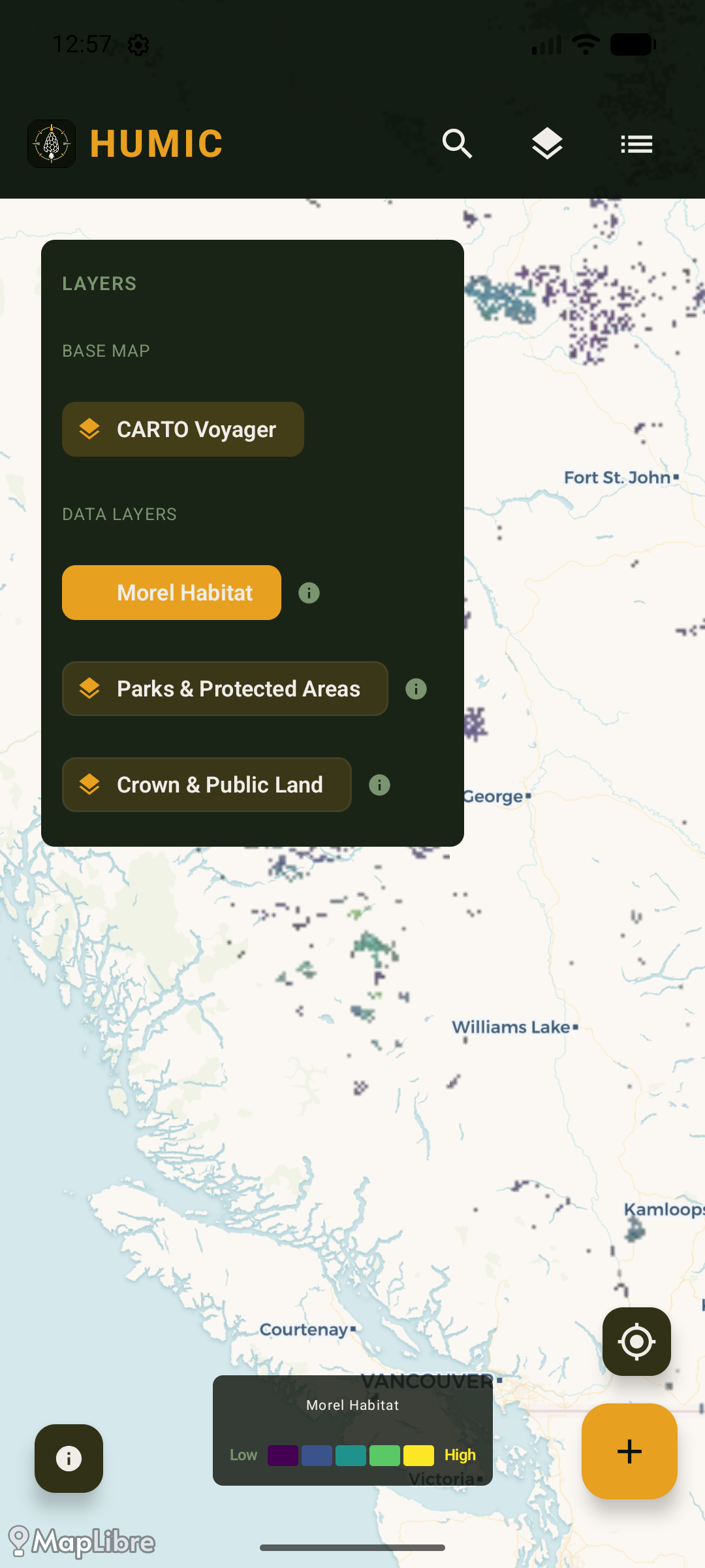Humic app — layer selection panel showing Morel Habitat, Parks and Crown Land