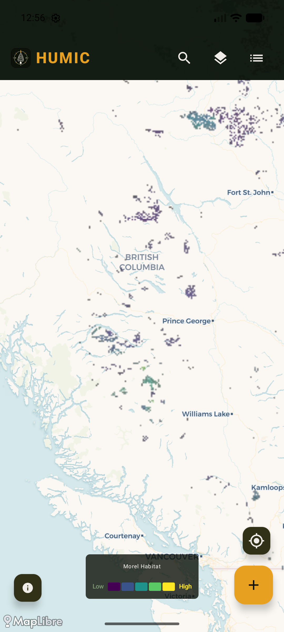 Humic app — map view of British Columbia
